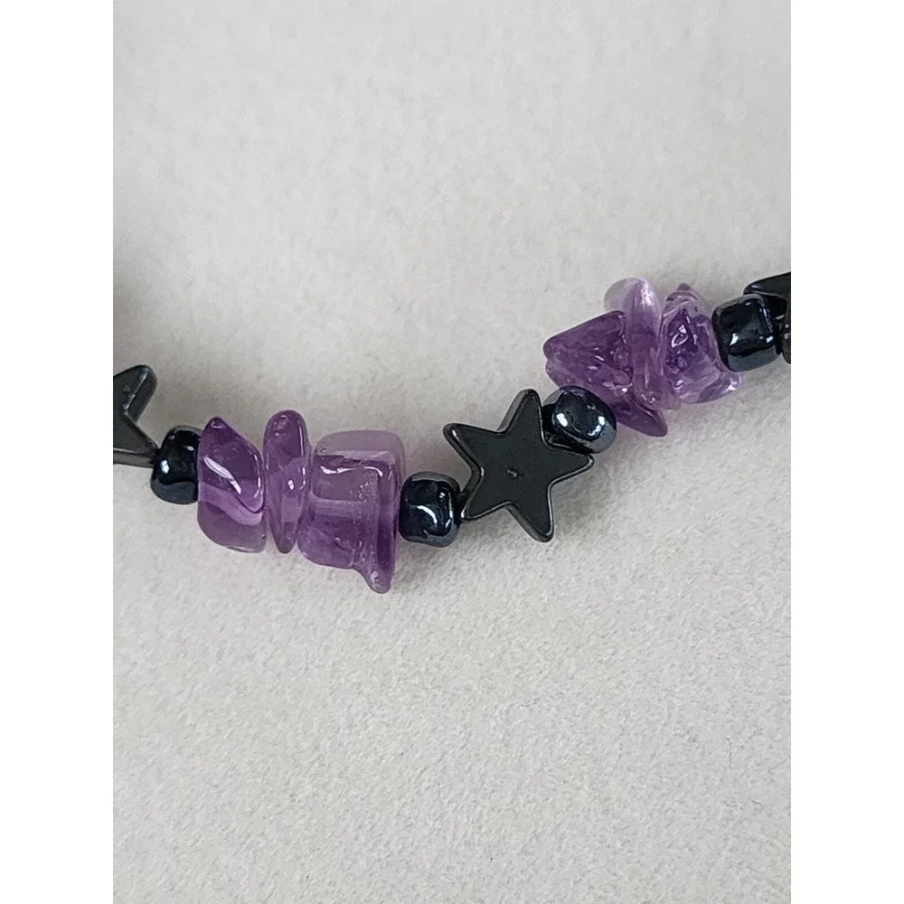 Genuine AMETHYST Chip With Gunmetal Gray Stars Bracelet Hand Crafted FREE $HIP!!